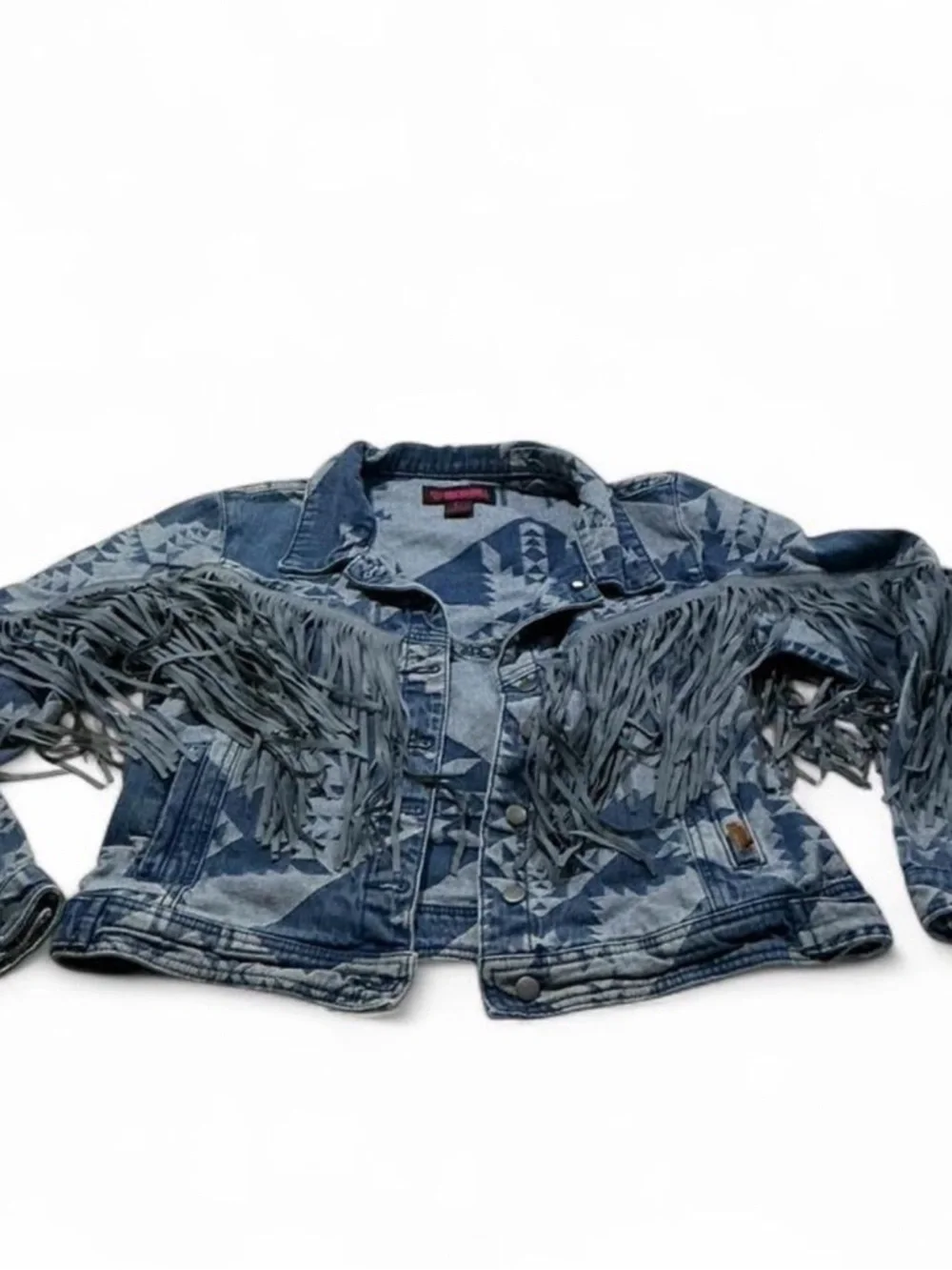 Rock & Roll Denim Aztec Western Fringe Denim Jacket Sz Large Festival Country - Picture 1 of 7